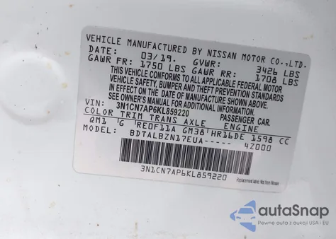 2019 Nissan Versa 1.6 Sv from USA, damaged, VIN 3N1CN7AP6KL859220